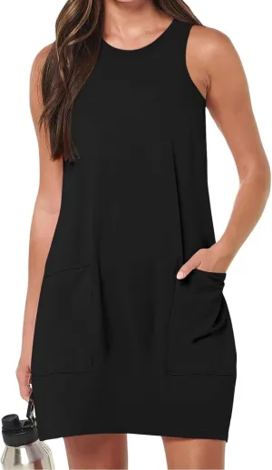 Womens Summer Dresses Casual Beach Sleeveless Dress Vacation Swing Sundresses Crew Neck Tank Dress with Pockets