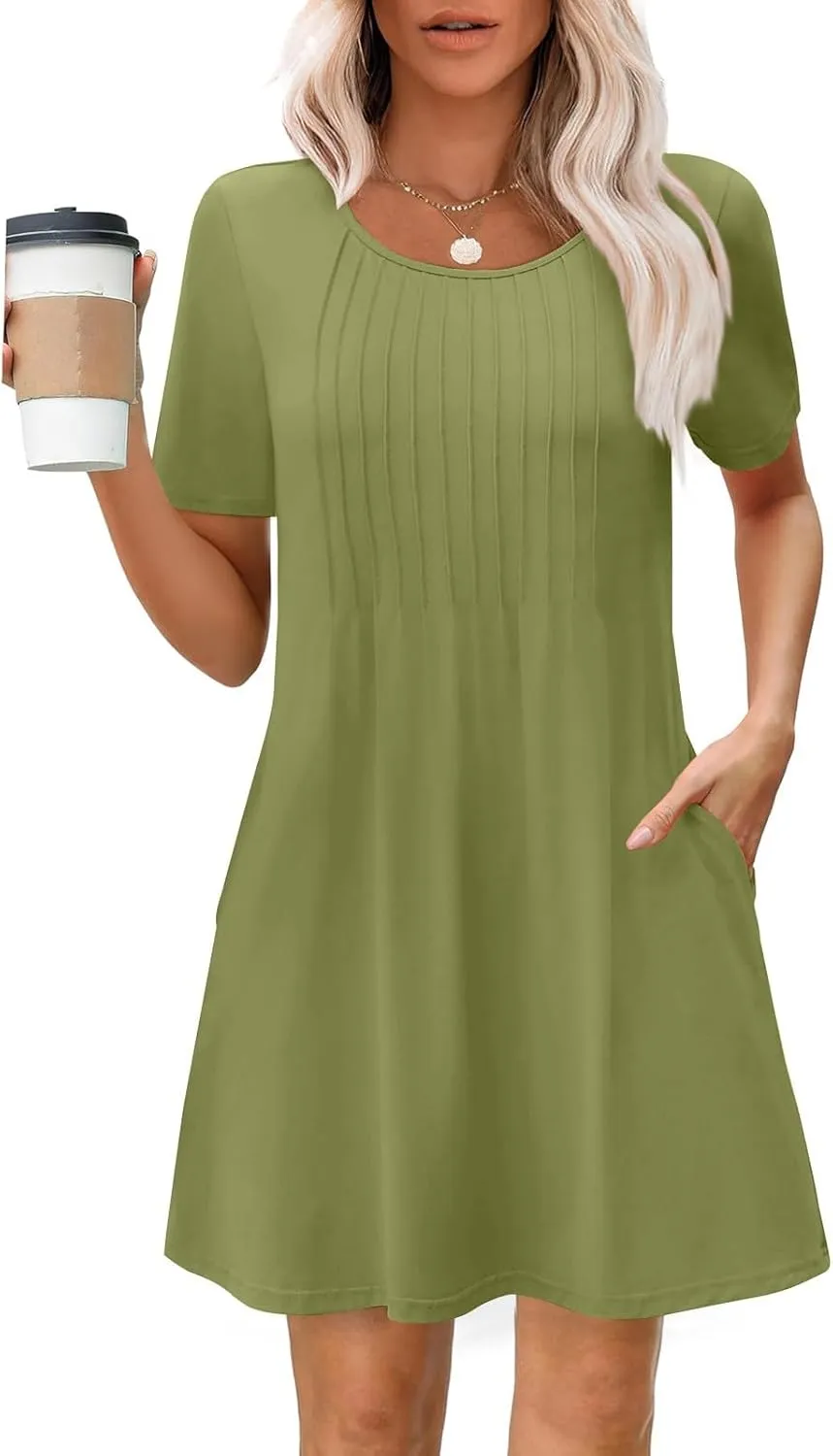 Women's Summer Dresses Pleated Dressy Casual Scooped Neck Beach Vacation T-Shirts Dresses Fashion Short Tunic Dresses