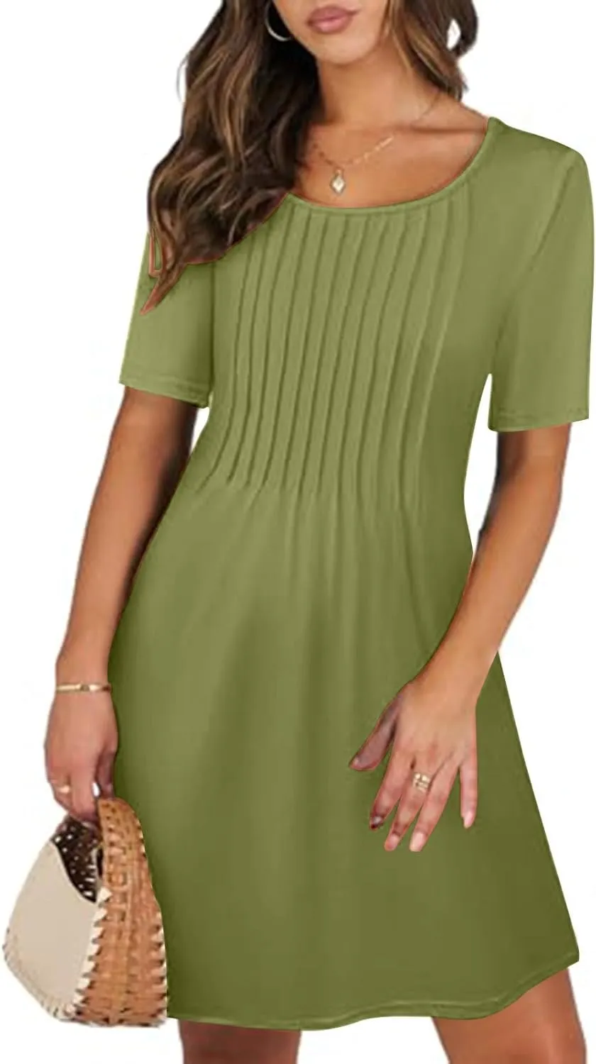 Women's Summer Dresses Pleated Dressy Casual Scooped Neck Beach Vacation T-Shirts Dresses Fashion Short Tunic Dresses