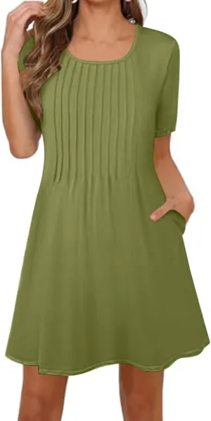 Women's Summer Dresses Pleated Dressy Casual Scooped Neck Beach Vacation T-Shirts Dresses Fashion Short Tunic Dresses