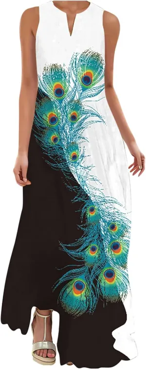 Women's Summer Elegant Long Dress Fashion Floral Print Irregular Hem Maxi Dress Casual V Neck Sleeveless Loose Dress