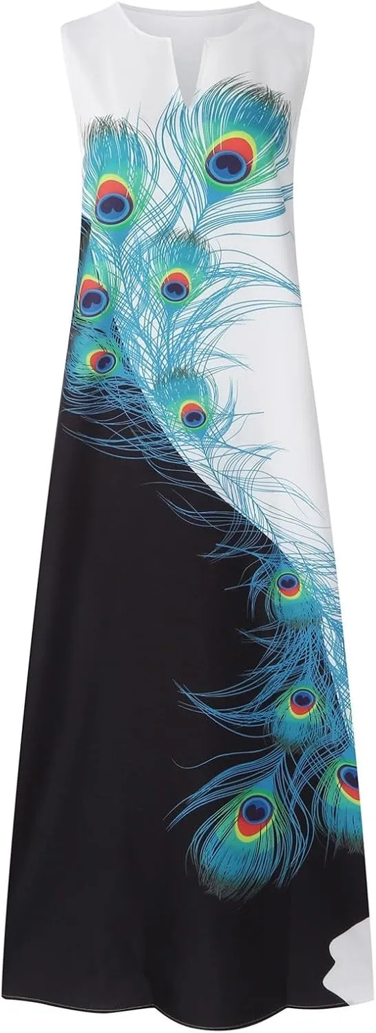 Women's Summer Elegant Long Dress Fashion Floral Print Irregular Hem Maxi Dress Casual V Neck Sleeveless Loose Dress