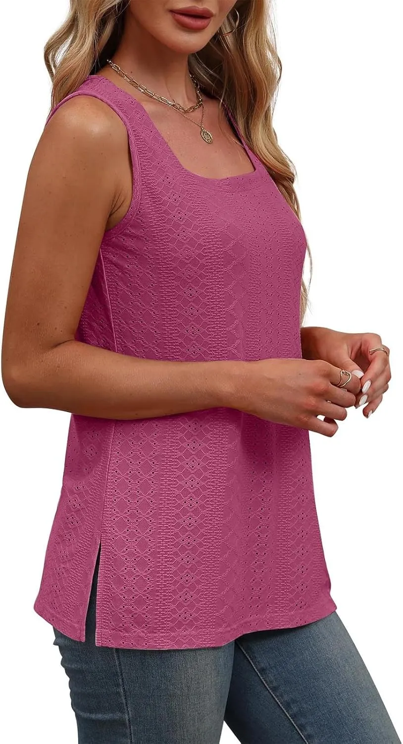 Women's Summer Eyelet Tank Tops 2025 Trendy Sleeveless Hollow Out Shirt Casual Basic Side Slit Beach Vacation Blouse