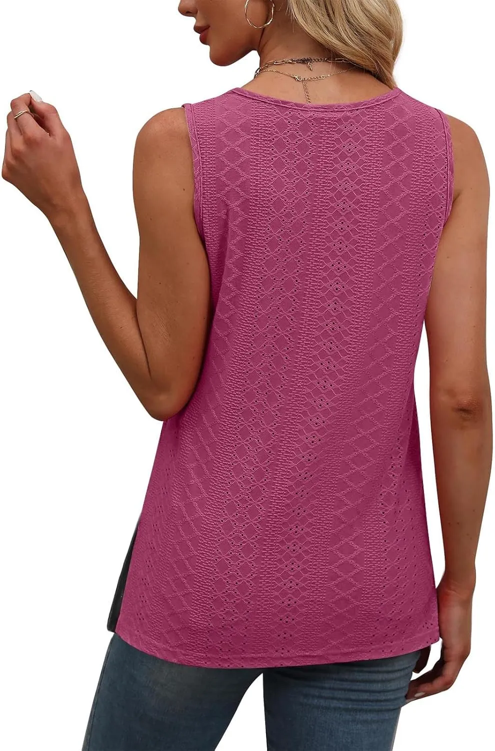 Women's Summer Eyelet Tank Tops 2025 Trendy Sleeveless Hollow Out Shirt Casual Basic Side Slit Beach Vacation Blouse