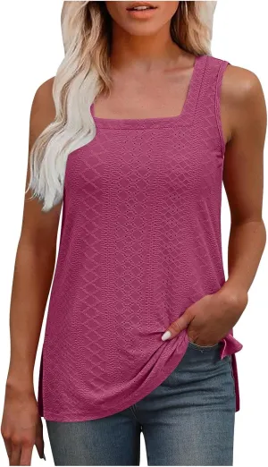 Women's Summer Eyelet Tank Tops 2025 Trendy Sleeveless Hollow Out Shirt Casual Basic Side Slit Beach Vacation Blouse
