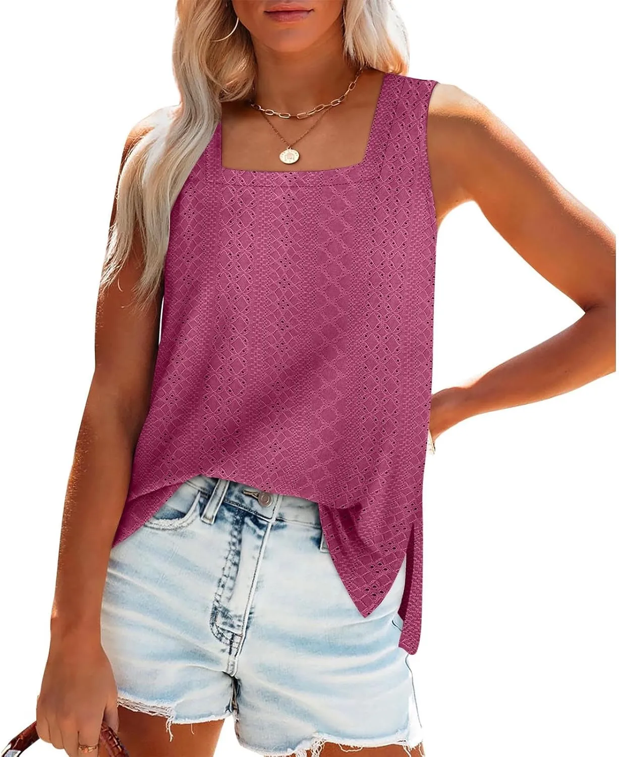 Women's Summer Eyelet Tank Tops 2025 Trendy Sleeveless Hollow Out Shirt Casual Basic Side Slit Beach Vacation Blouse