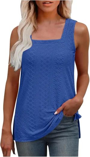 Women's Summer Eyelet Tank Tops 2025 Trendy Sleeveless Hollow Out Shirt Casual Basic Side Slit Beach Vacation Blouse
