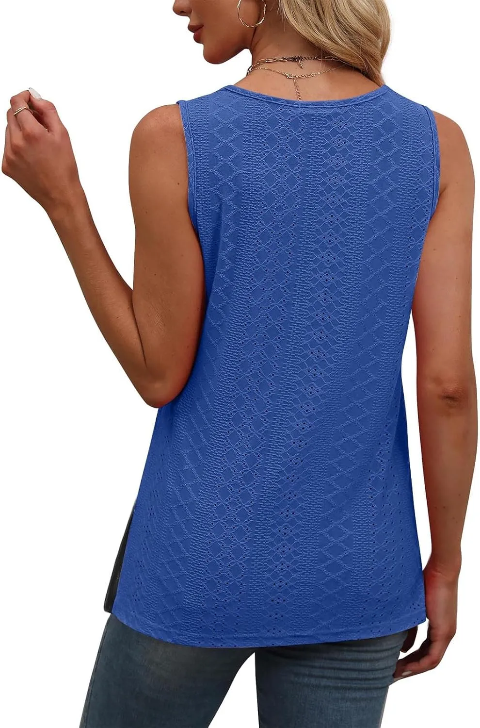 Women's Summer Eyelet Tank Tops 2025 Trendy Sleeveless Hollow Out Shirt Casual Basic Side Slit Beach Vacation Blouse
