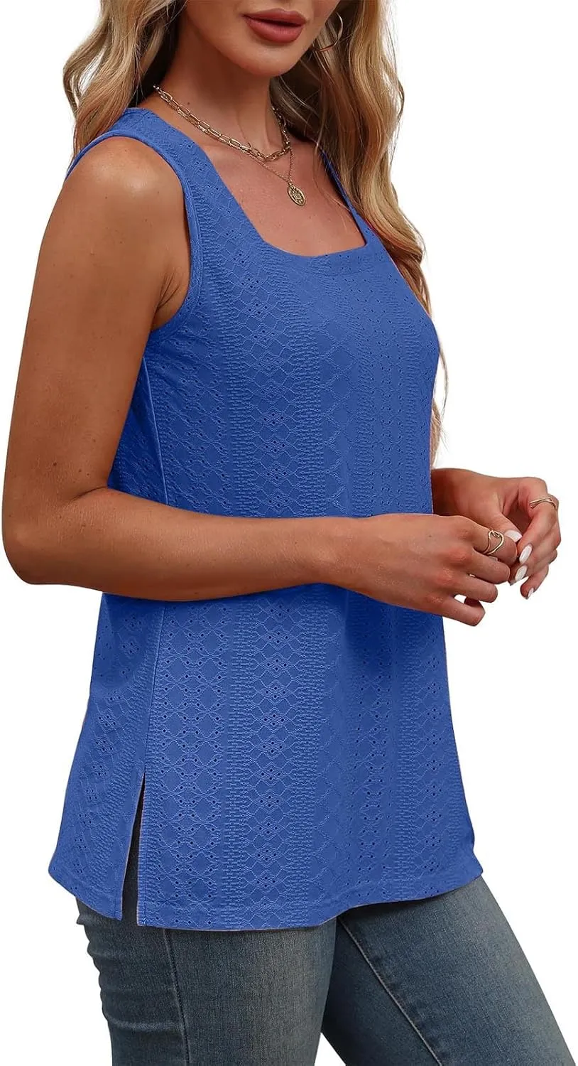 Women's Summer Eyelet Tank Tops 2025 Trendy Sleeveless Hollow Out Shirt Casual Basic Side Slit Beach Vacation Blouse