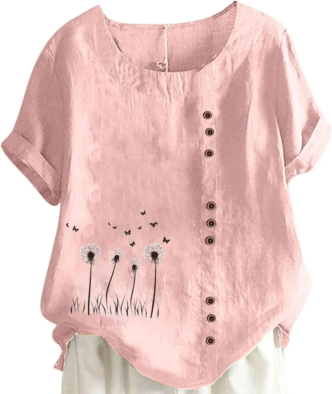 Womens Summer Gauze Tops Cotton Linen T Shirts Short Sleeve Round Neck Floral Embroidery Tee Retro Tunic Shirt