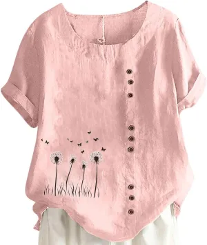 Womens Summer Gauze Tops Cotton Linen T Shirts Short Sleeve Round Neck Floral Embroidery Tee Retro Tunic Shirt