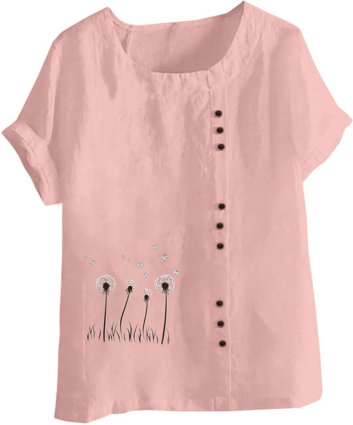 Womens Summer Gauze Tops Cotton Linen T Shirts Short Sleeve Round Neck Floral Embroidery Tee Retro Tunic Shirt