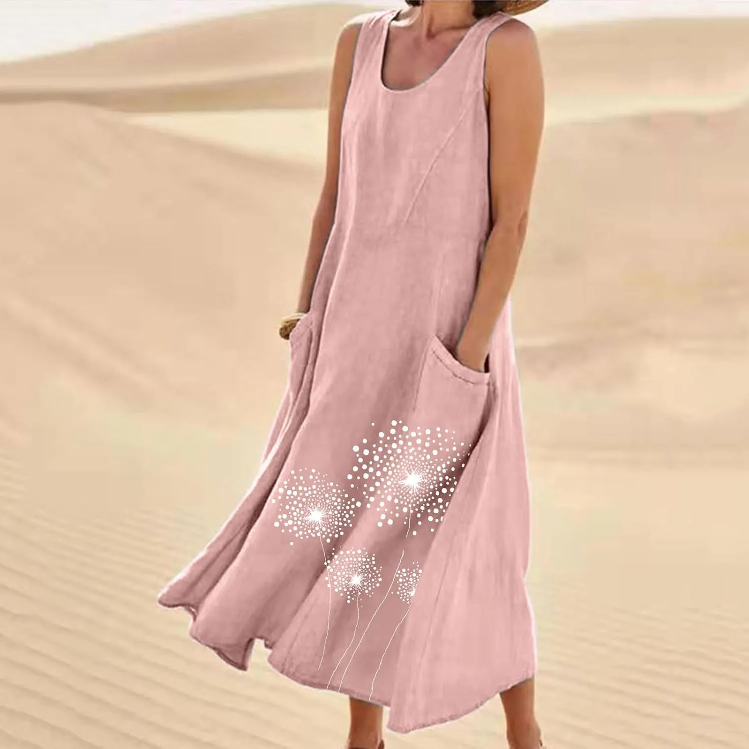 Womens Summer Linen Dresses Casual Floral Dresses Loose Fit Maxi Dresses Trendy Summer Beach Clothes with Pocket