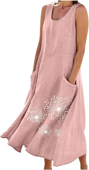Womens Summer Linen Dresses Casual Floral Dresses Loose Fit Maxi Dresses Trendy Summer Beach Clothes with Pocket