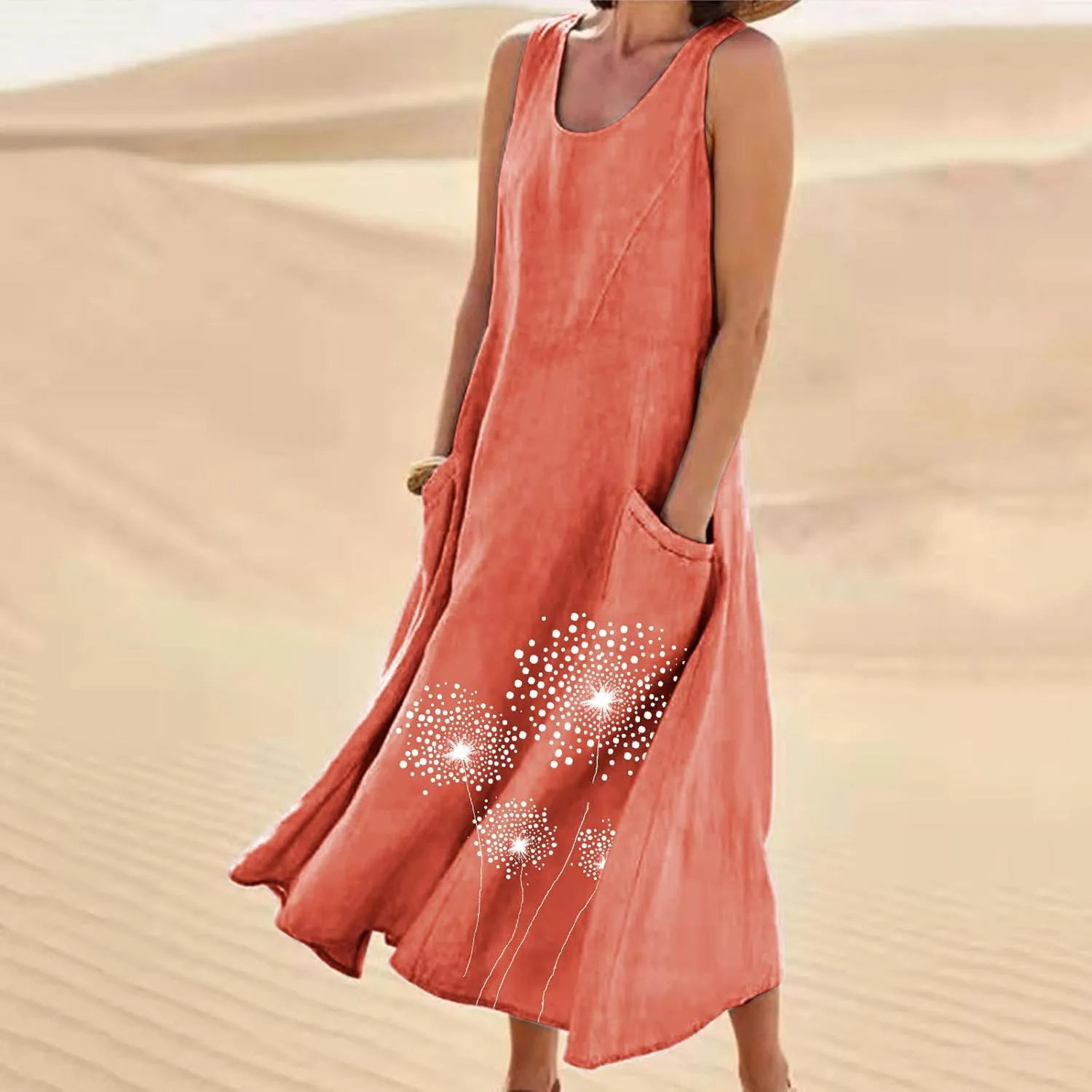 Womens Summer Linen Dresses Casual Floral Dresses Loose Fit Maxi Dresses Trendy Summer Beach Clothes with Pocket