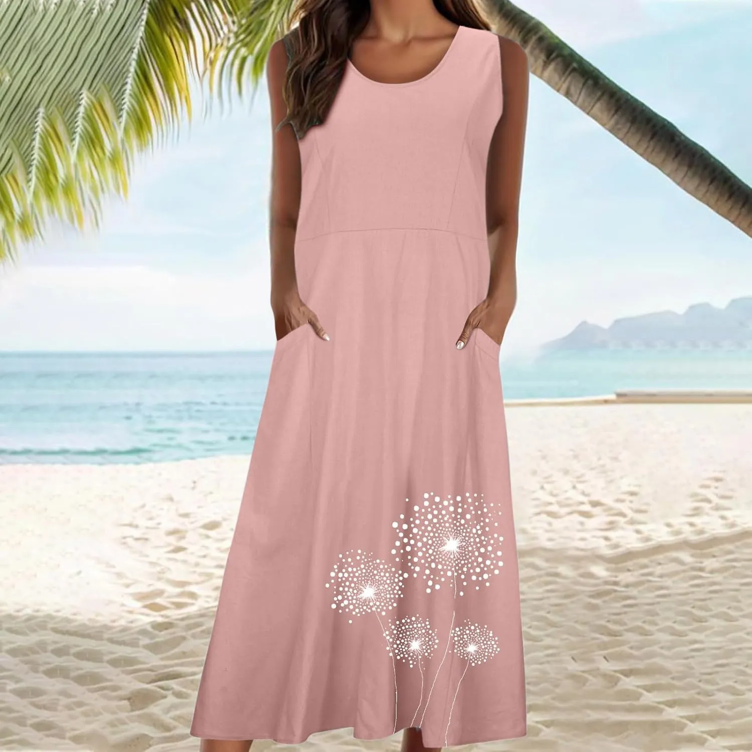Womens Summer Linen Dresses Casual Floral Dresses Loose Fit Maxi Dresses Trendy Summer Beach Clothes with Pocket