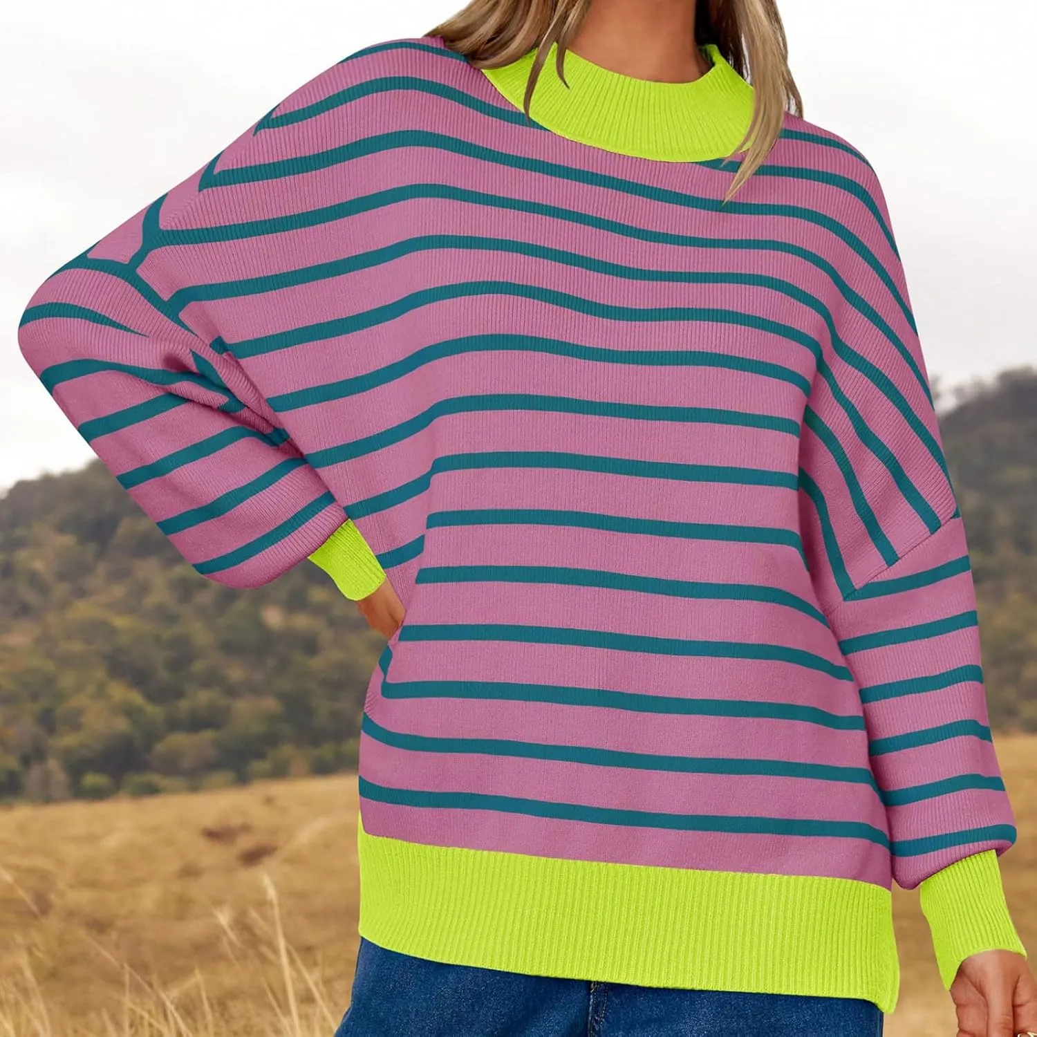 Women's Sweaters Ribbed Knitted Casual Preppy Crewneck Striped Shirts Oversized Loose Comfy Jumper 2024 Fall Winter Clothes