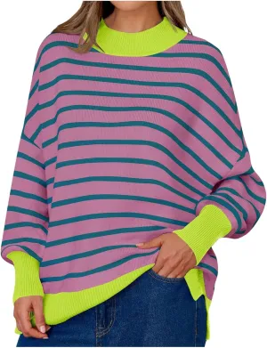 Women's Sweaters Ribbed Knitted Casual Preppy Crewneck Striped Shirts Oversized Loose Comfy Jumper 2024 Fall Winter Clothes