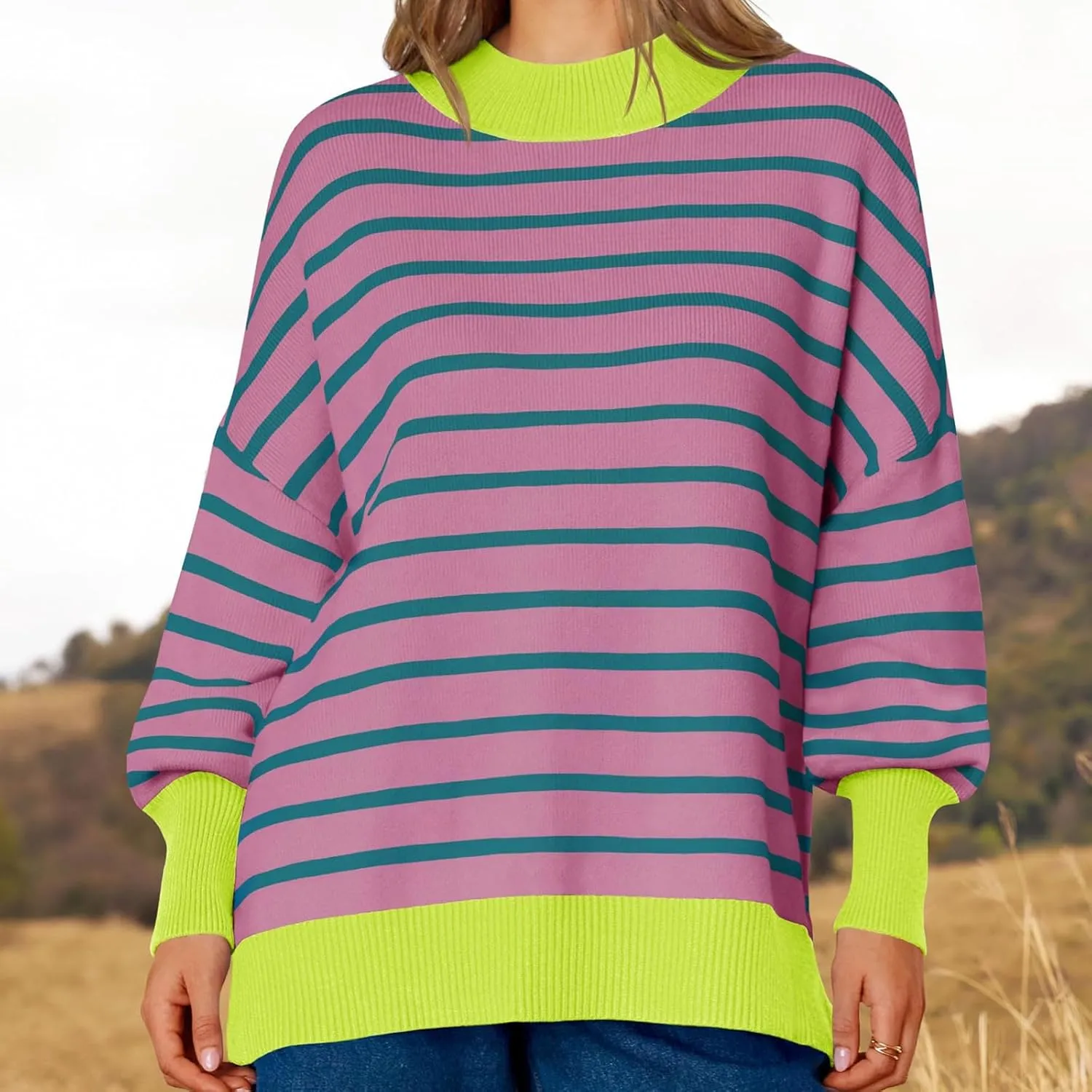 Women's Sweaters Ribbed Knitted Casual Preppy Crewneck Striped Shirts Oversized Loose Comfy Jumper 2024 Fall Winter Clothes