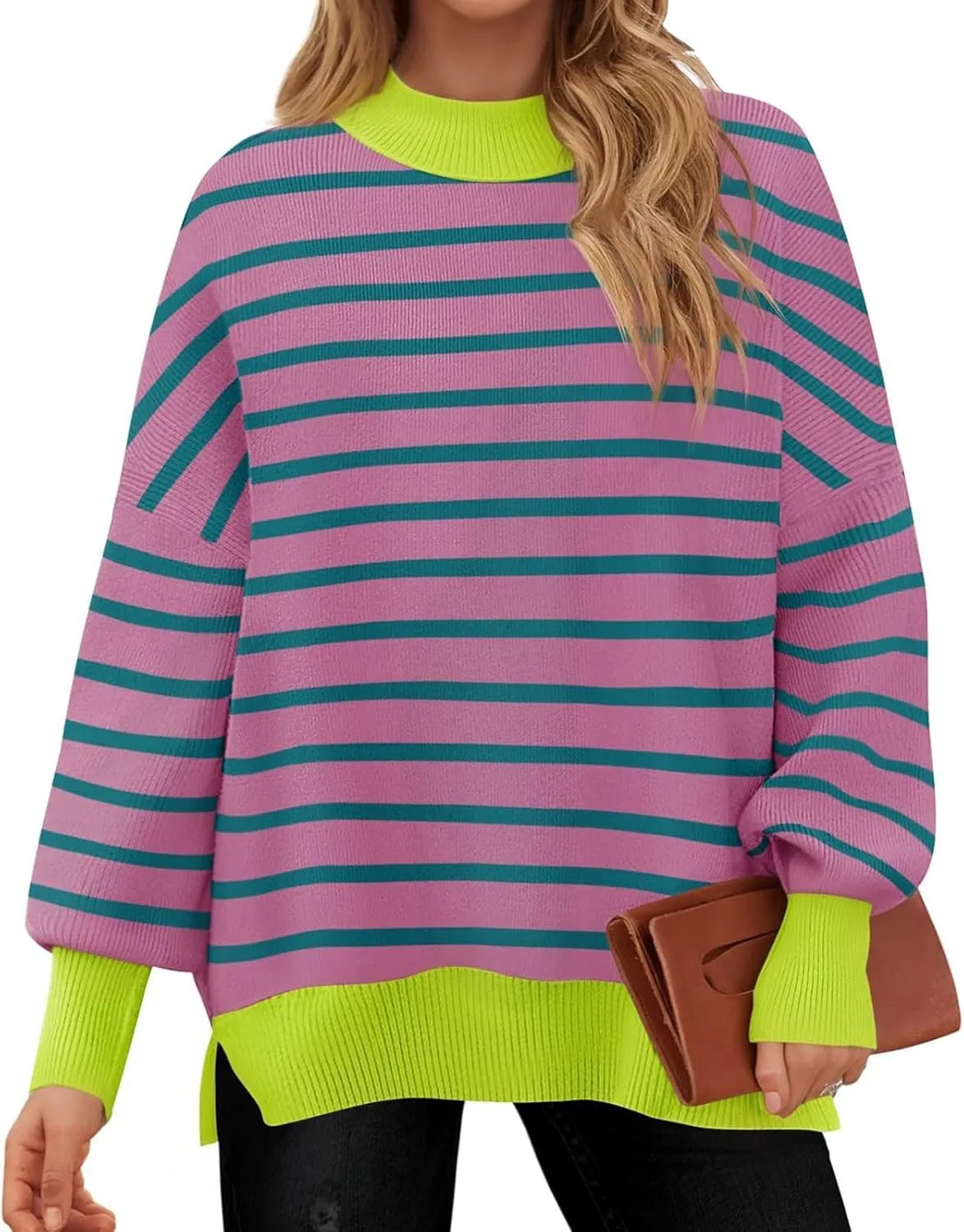 Women's Sweaters Ribbed Knitted Casual Preppy Crewneck Striped Shirts Oversized Loose Comfy Jumper 2024 Fall Winter Clothes