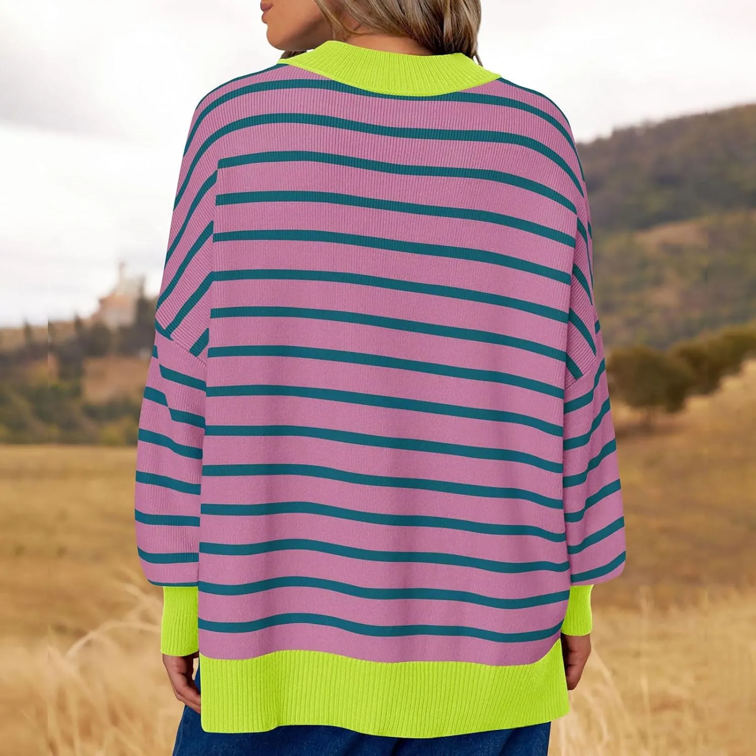 Women's Sweaters Ribbed Knitted Casual Preppy Crewneck Striped Shirts Oversized Loose Comfy Jumper 2024 Fall Winter Clothes
