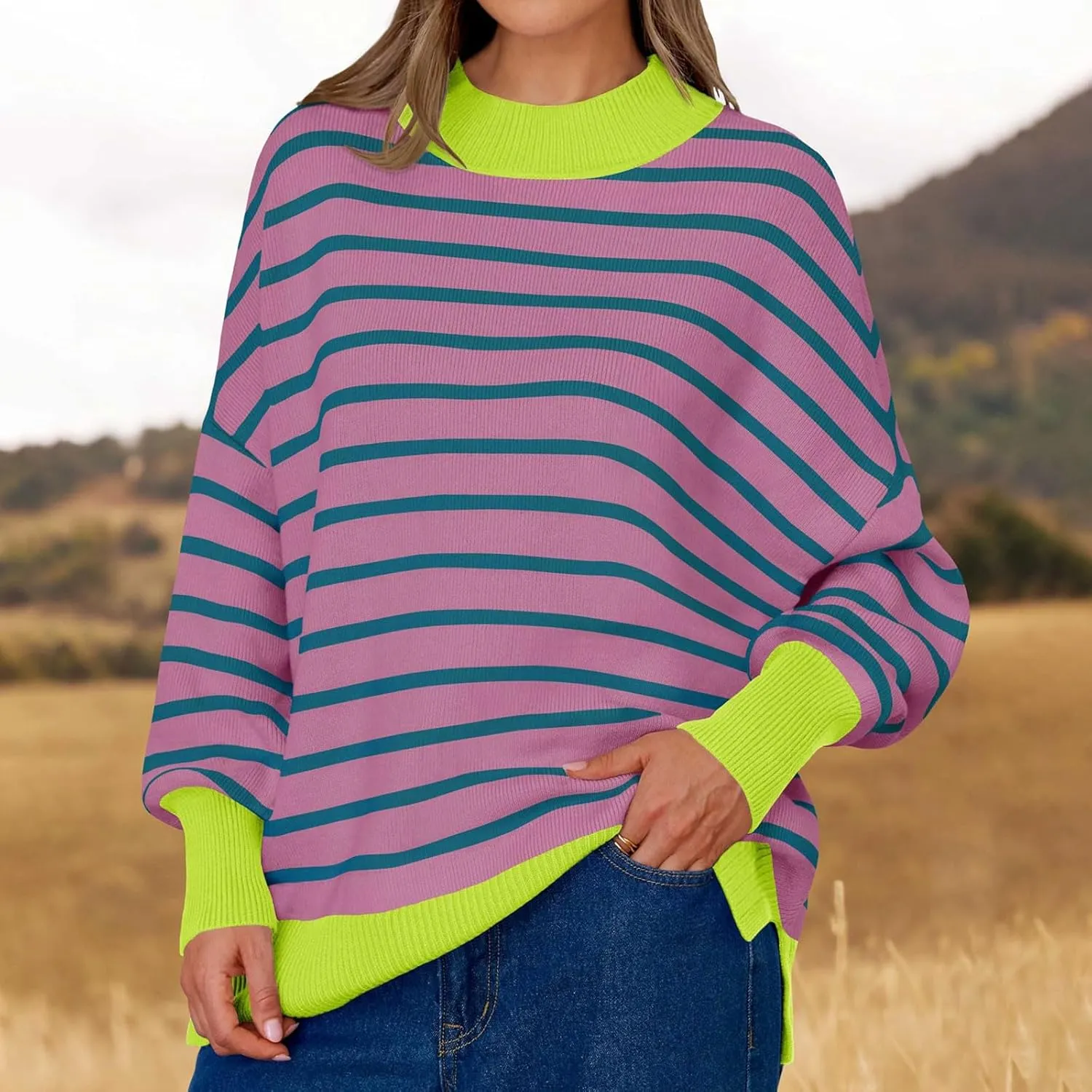 Women's Sweaters Ribbed Knitted Casual Preppy Crewneck Striped Shirts Oversized Loose Comfy Jumper 2024 Fall Winter Clothes