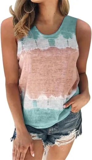 Womens Tank Tops Casual Flowy Printed Sleeveless Shirts Loose Summe Basic Tees Shirt Tie Dye Trendy Top for Leggings