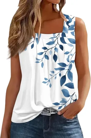 Womens Tank Tops Loose Fit Summer Casual Floral Print Pleated Square Neck Sleeveless Top Curved Hem Flowy Tanks