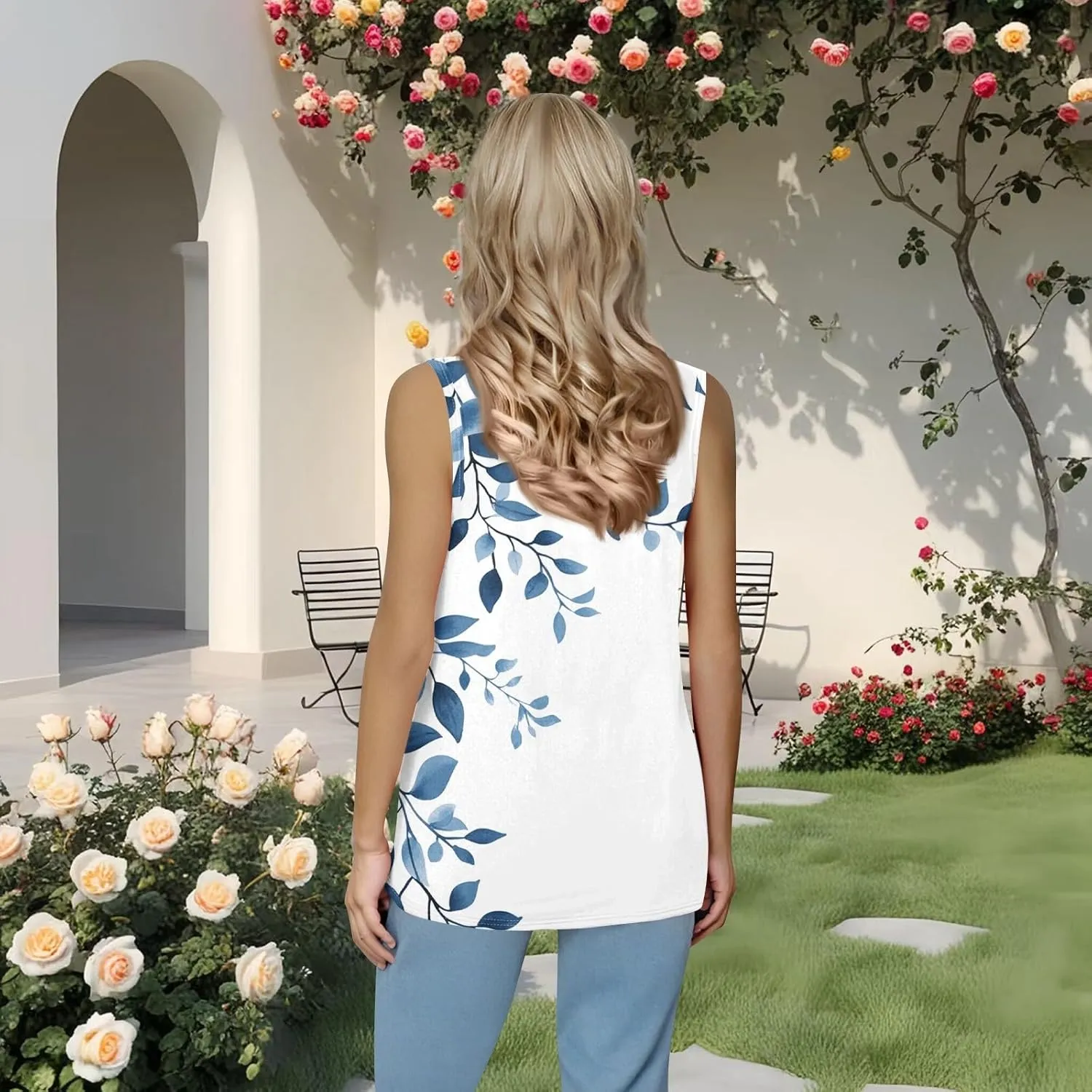 Womens Tank Tops Loose Fit Summer Casual Floral Print Pleated Square Neck Sleeveless Top Curved Hem Flowy Tanks
