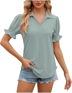 Womens Tops Summer Puff Sleeve Lapel V Neck Tshirts Eyelet Loose Fit Tunic Shirts Hollow Out Casual Tees Blouses
