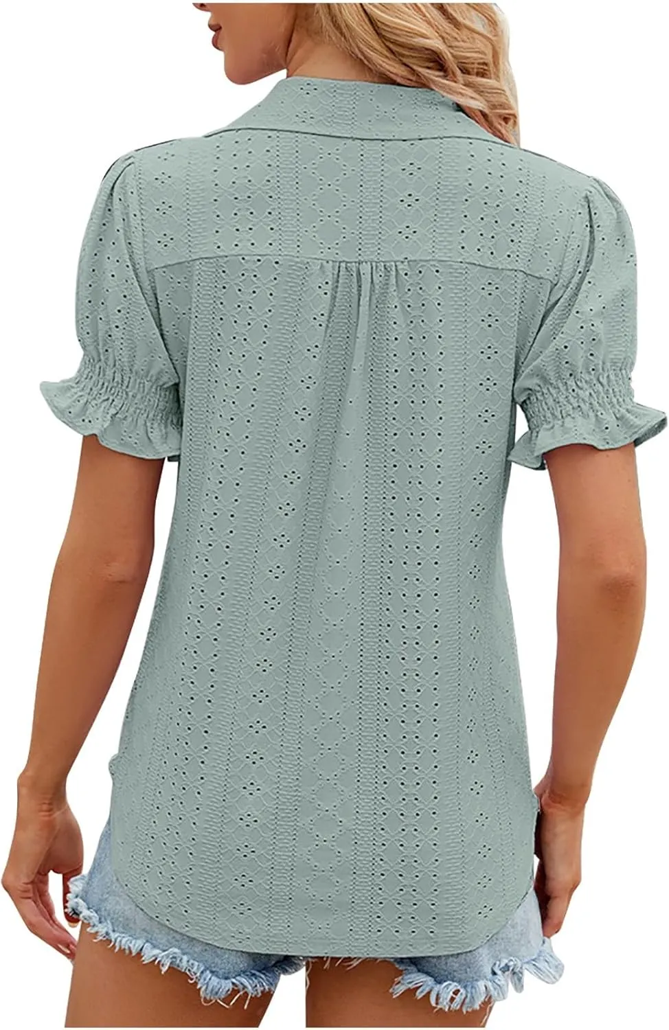 Womens Tops Summer Puff Sleeve Lapel V Neck Tshirts Eyelet Loose Fit Tunic Shirts Hollow Out Casual Tees Blouses