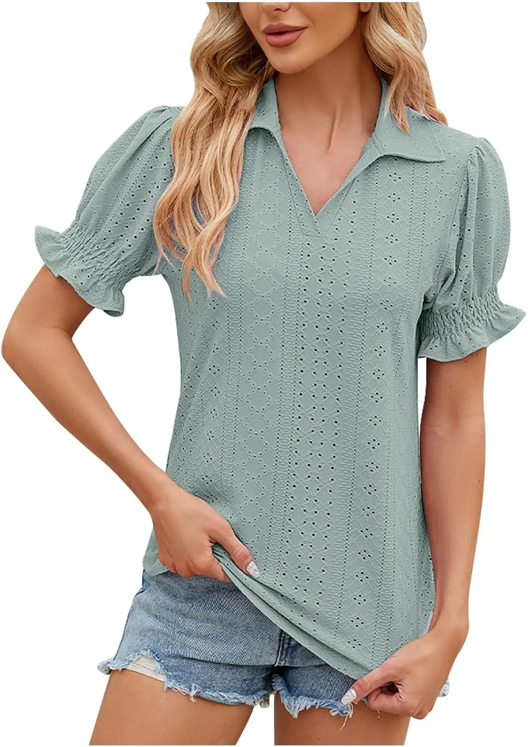 Womens Tops Summer Puff Sleeve Lapel V Neck Tshirts Eyelet Loose Fit Tunic Shirts Hollow Out Casual Tees Blouses