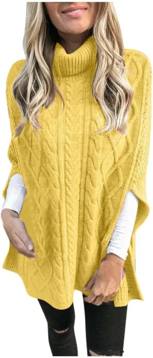 Women's Turtleneck Sweater Long Sleeve Chunky Knit Poncho Sweater Cape Wrap Pullover Fashion Fall Winter Jumper Tops
