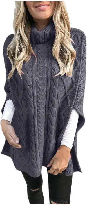 Women's Turtleneck Sweater Long Sleeve Chunky Knit Poncho Sweater Cape Wrap Pullover Fashion Fall Winter Jumper Tops