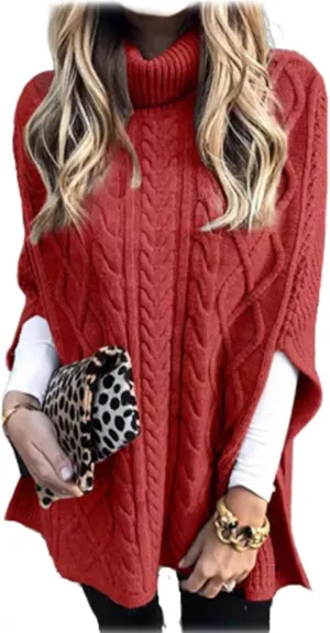 Women's Turtleneck Sweater Long Sleeve Chunky Knit Poncho Sweater Cape Wrap Pullover Fashion Fall Winter Jumper Tops