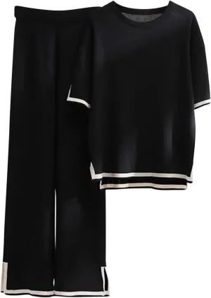 Womens Two Piece Sets Long Sleeve Pullover Tops and Elastic Wide Leg Pants Solid Color 2 Piece Lounge Sets