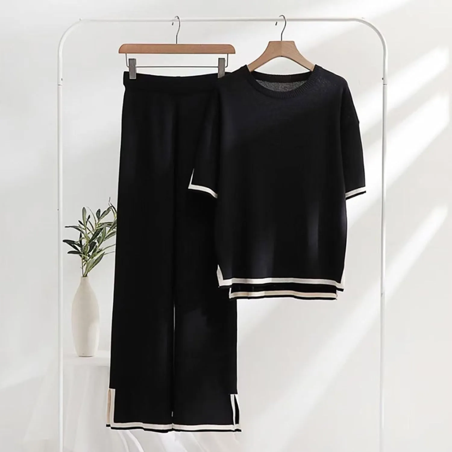 Womens Two Piece Sets Long Sleeve Pullover Tops and Elastic Wide Leg Pants Solid Color 2 Piece Lounge Sets