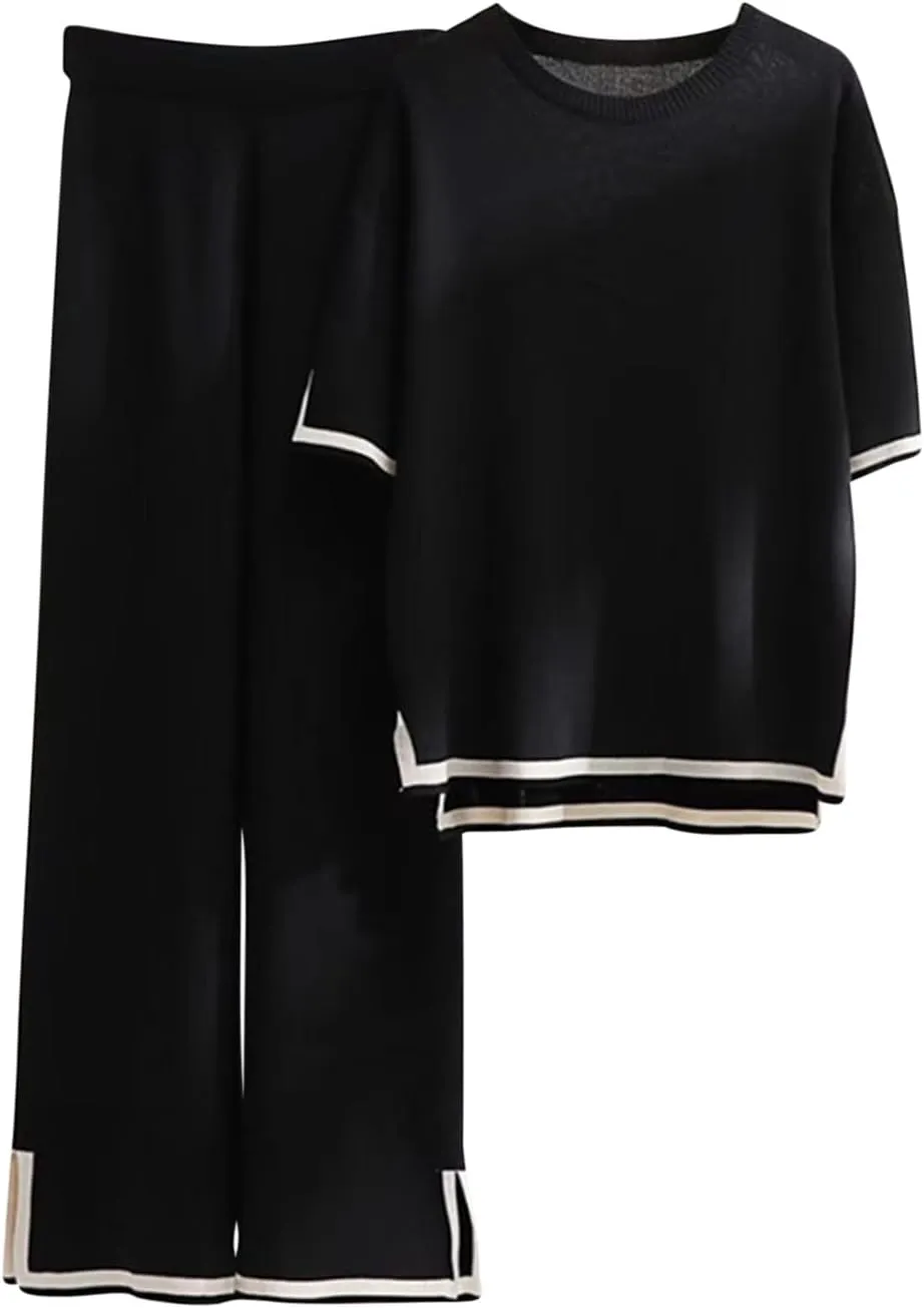 Womens Two Piece Sets Long Sleeve Pullover Tops and Elastic Wide Leg Pants Solid Color 2 Piece Lounge Sets