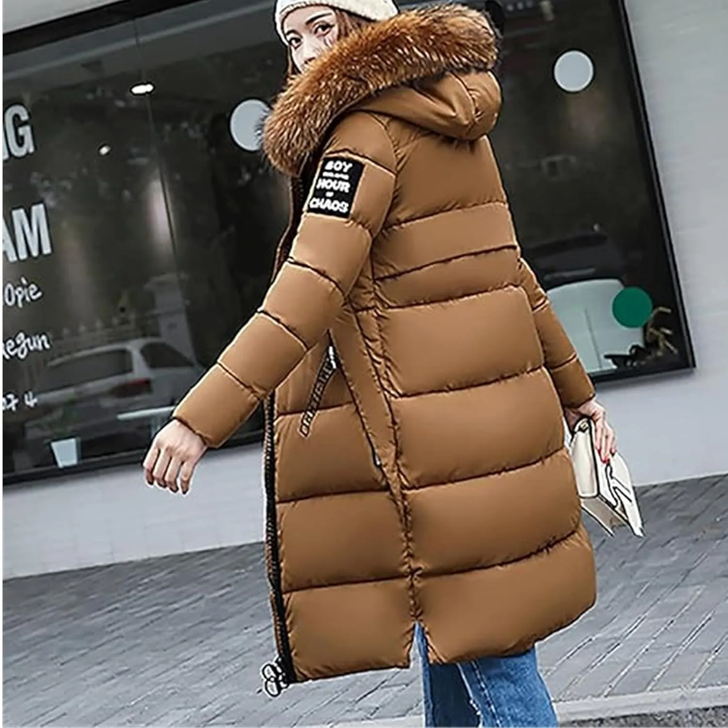 Womens Warm Down Jacket Winter Long Puffer Coats with Fur Hood,Outdoor Maxi Length Windproof Thick Quilted Outerwear