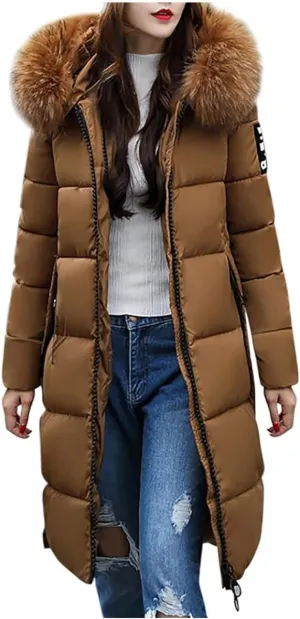 Womens Warm Down Jacket Winter Long Puffer Coats with Fur Hood,Outdoor Maxi Length Windproof Thick Quilted Outerwear
