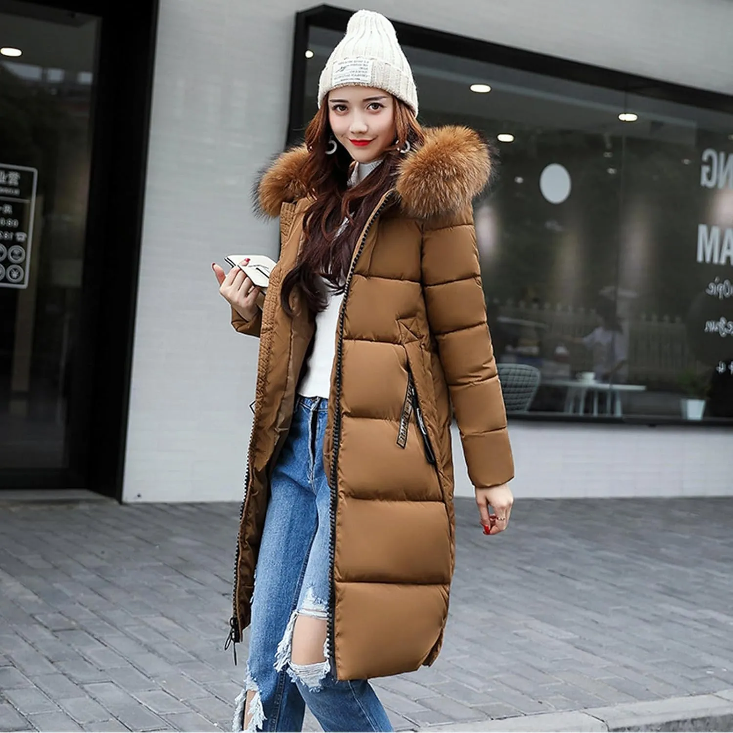 Womens Warm Down Jacket Winter Long Puffer Coats with Fur Hood,Outdoor Maxi Length Windproof Thick Quilted Outerwear