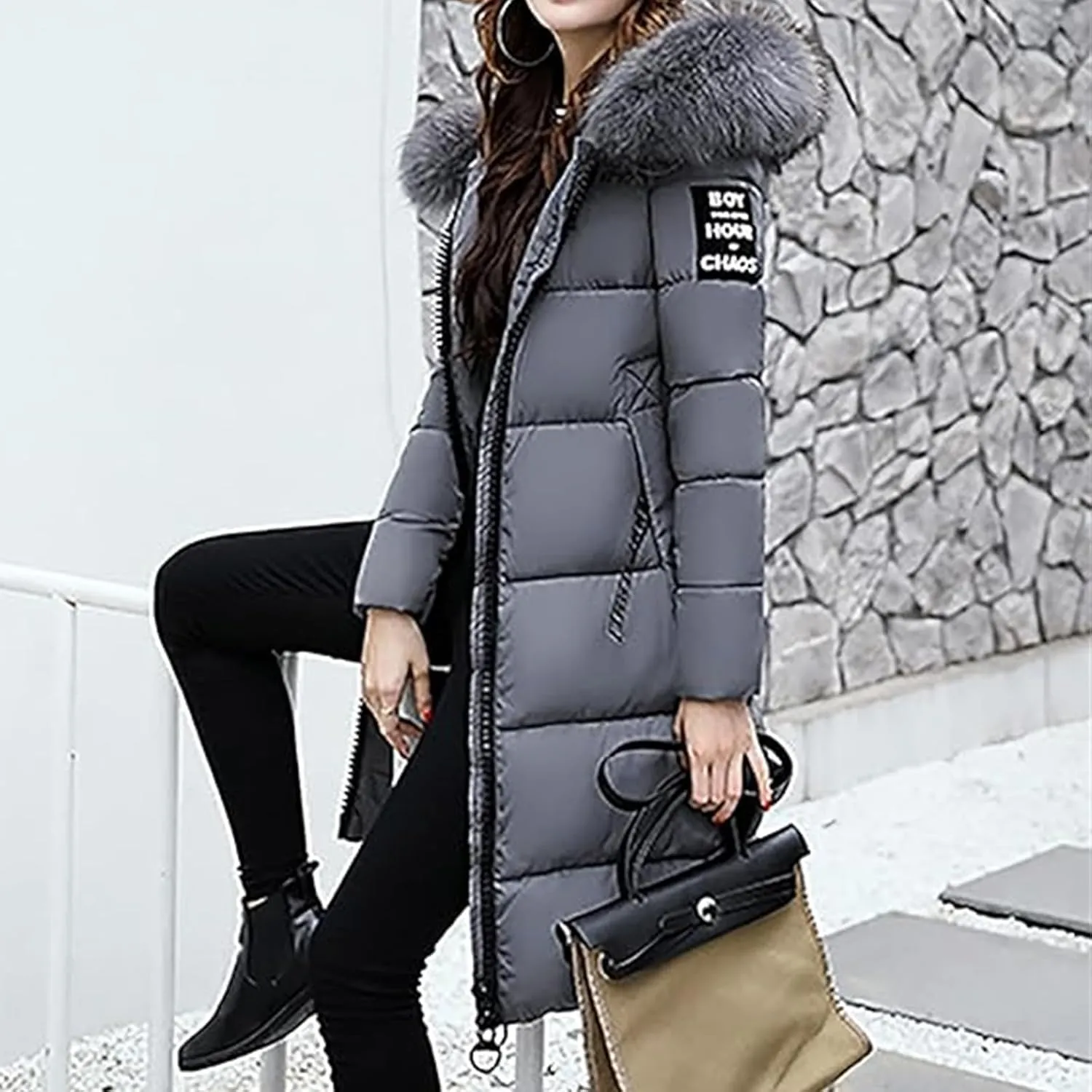 Womens Warm Down Jacket Winter Long Puffer Coats with Fur Hood,Outdoor Maxi Length Windproof Thick Quilted Outerwear
