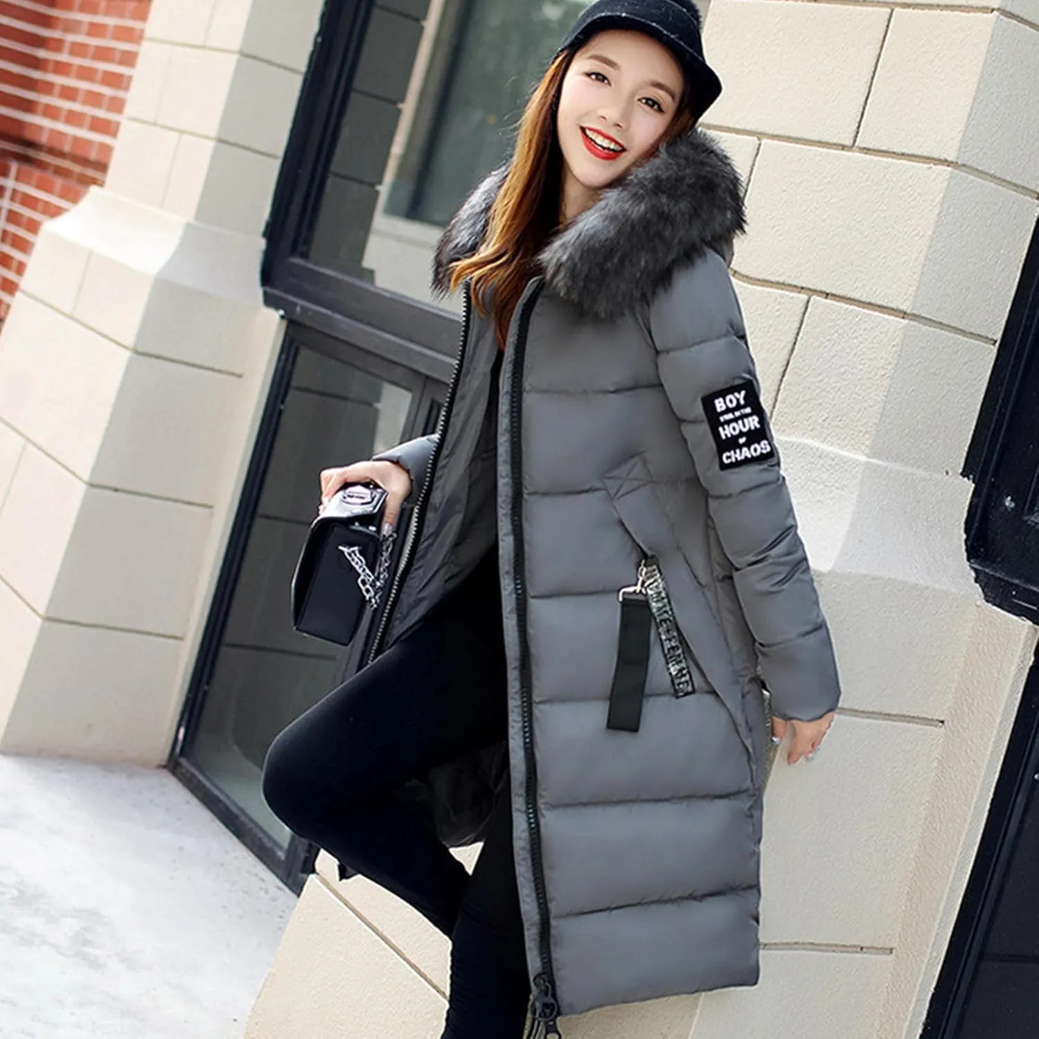 Womens Warm Down Jacket Winter Long Puffer Coats with Fur Hood,Outdoor Maxi Length Windproof Thick Quilted Outerwear