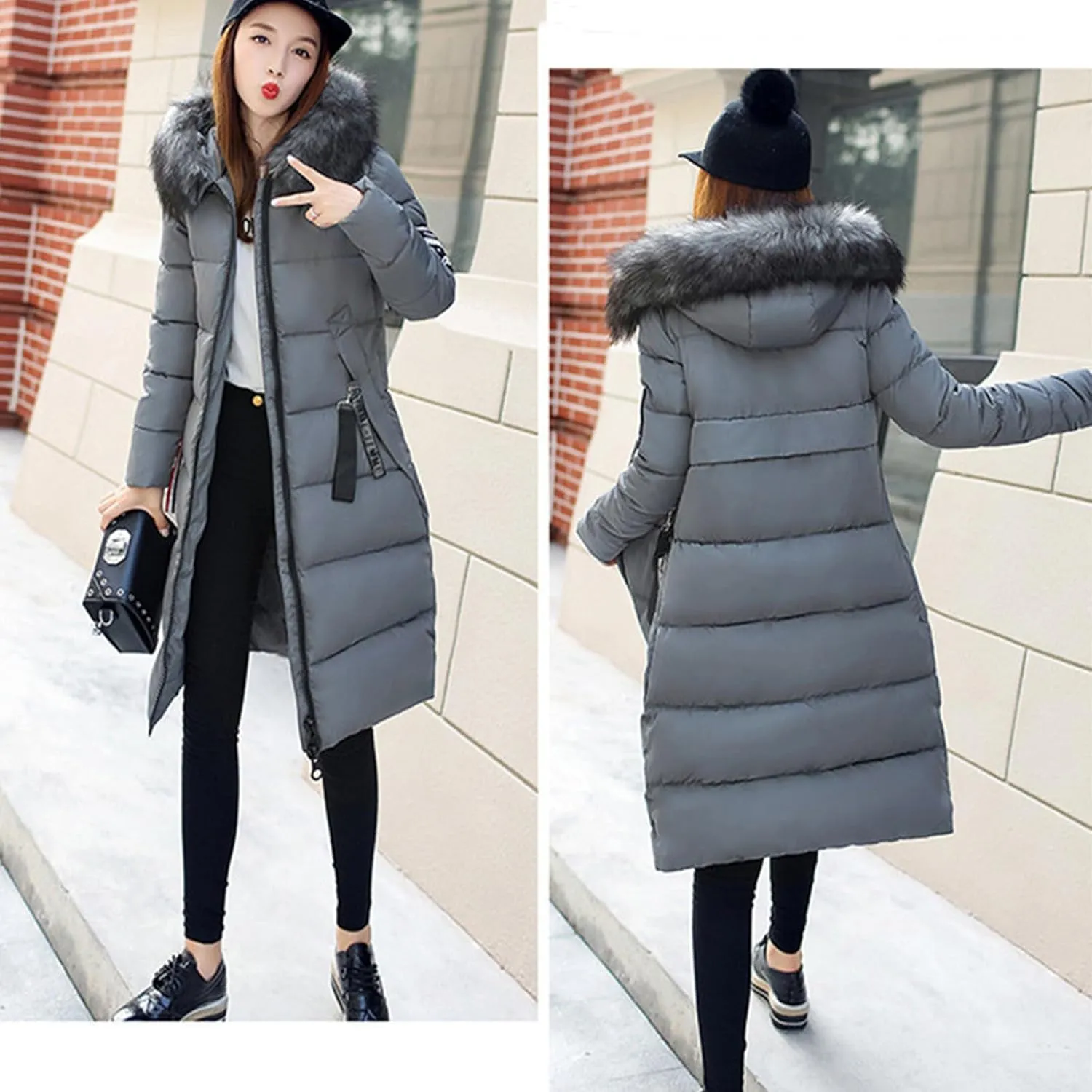 Womens Warm Down Jacket Winter Long Puffer Coats with Fur Hood,Outdoor Maxi Length Windproof Thick Quilted Outerwear
