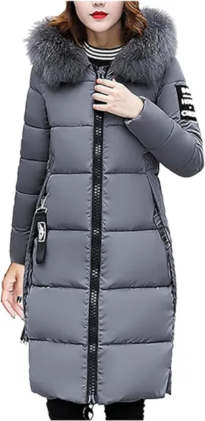 Womens Warm Down Jacket Winter Long Puffer Coats with Fur Hood,Outdoor Maxi Length Windproof Thick Quilted Outerwear