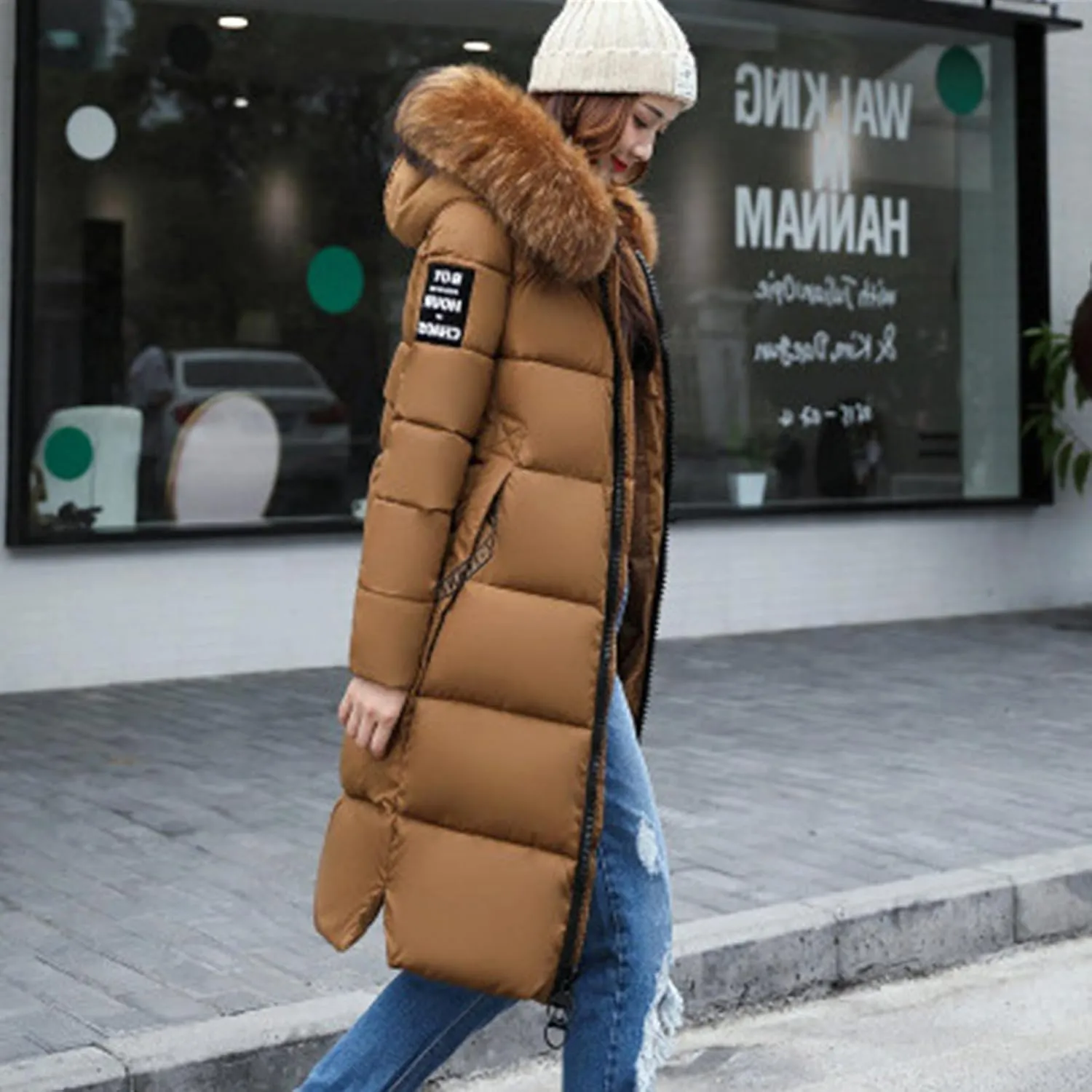Womens Warm Down Jacket Winter Long Puffer Coats with Fur Hood,Outdoor Maxi Length Windproof Thick Quilted Outerwear