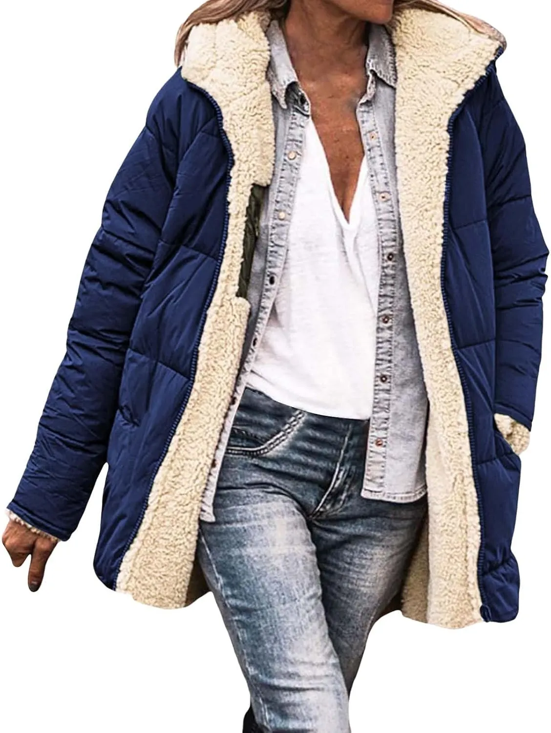 Womens Winter Coats Fleece Lined Thicken Puffer Jackets Sherpa Warm Waterproof Parka Outwear With Fur Hood