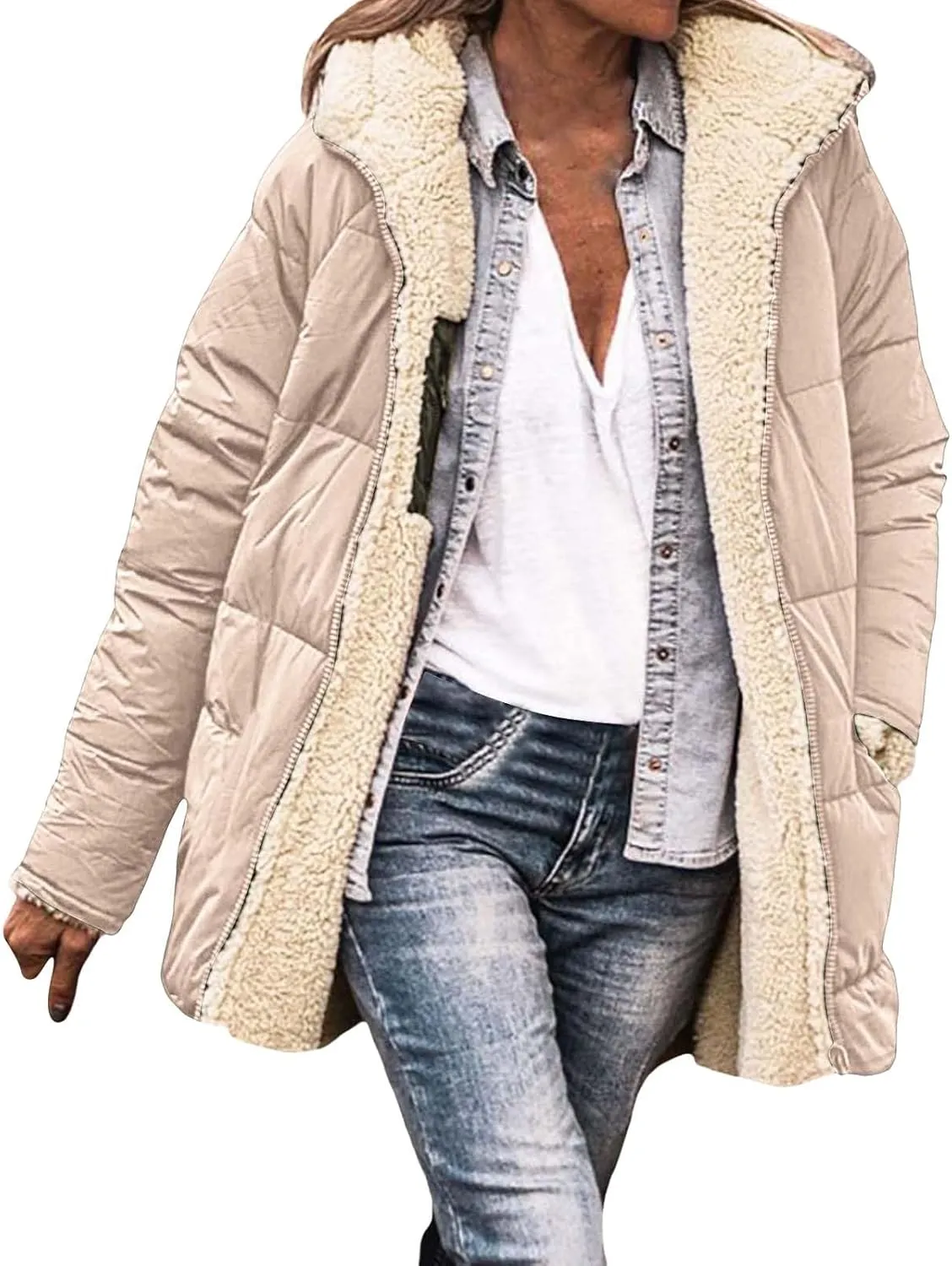 Womens Winter Coats Fleece Lined Thicken Puffer Jackets Sherpa Warm Waterproof Parka Outwear With Fur Hood