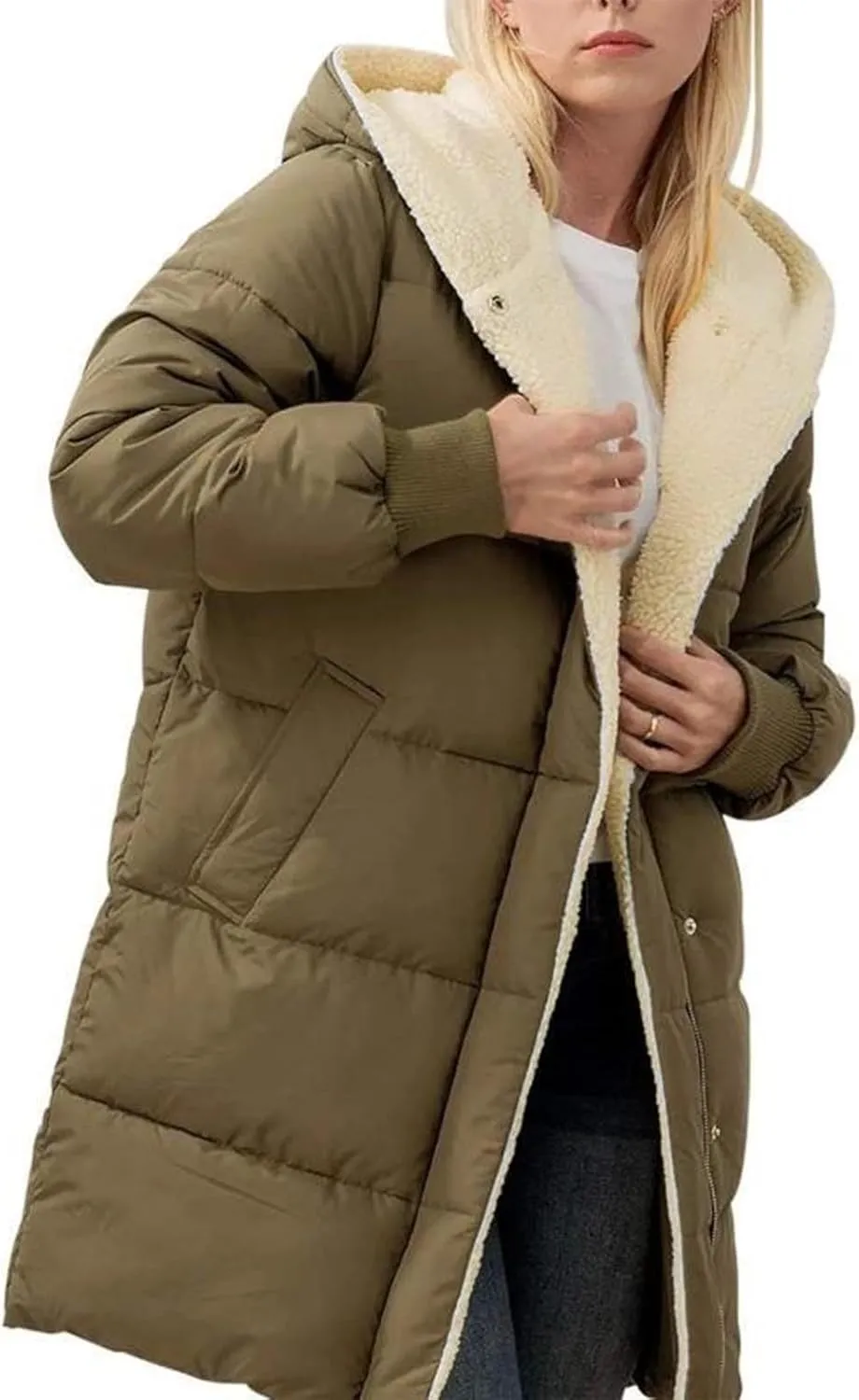 Womens Winter Jacket, Zipper Puffer Down Jackets Long Sleeve Casual Outerwear Trendy Mid Long Warm Outerwear