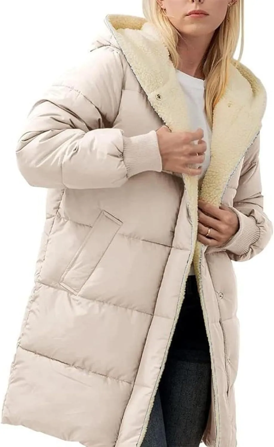 Womens Winter Jacket, Zipper Puffer Down Jackets Long Sleeve Casual Outerwear Trendy Mid Long Warm Outerwear